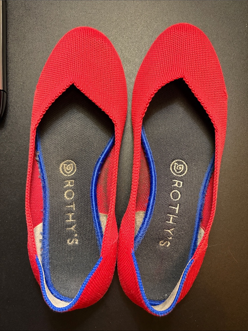 Rothy's Red Knit Ballet Flats with Blue Trim